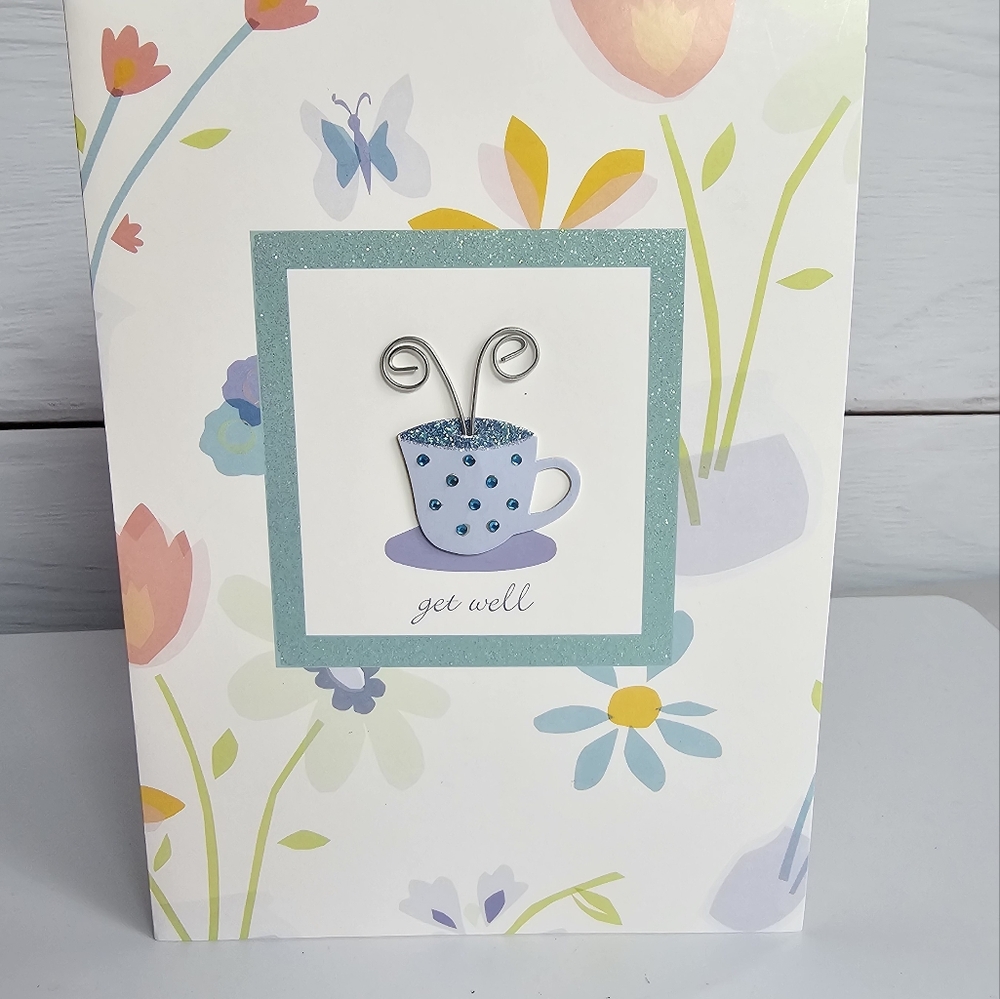 Greeting Card White w/Flowers Butterfly Coffee Tea Mug Get Well 7.5x5.5